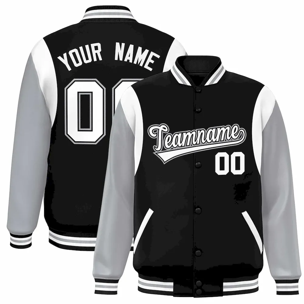 Custom Black Gray-White Color Block Bomber Varsity Full-Snap Baseball Jacket