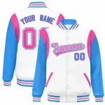 Custom White Powder Blue-Pink Color Block Bomber Varsity Full-Snap Baseball Jacket