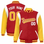 Custom Orange Yellow-Purple Color Block Bomber Varsity Full-Snap Baseball Jacket