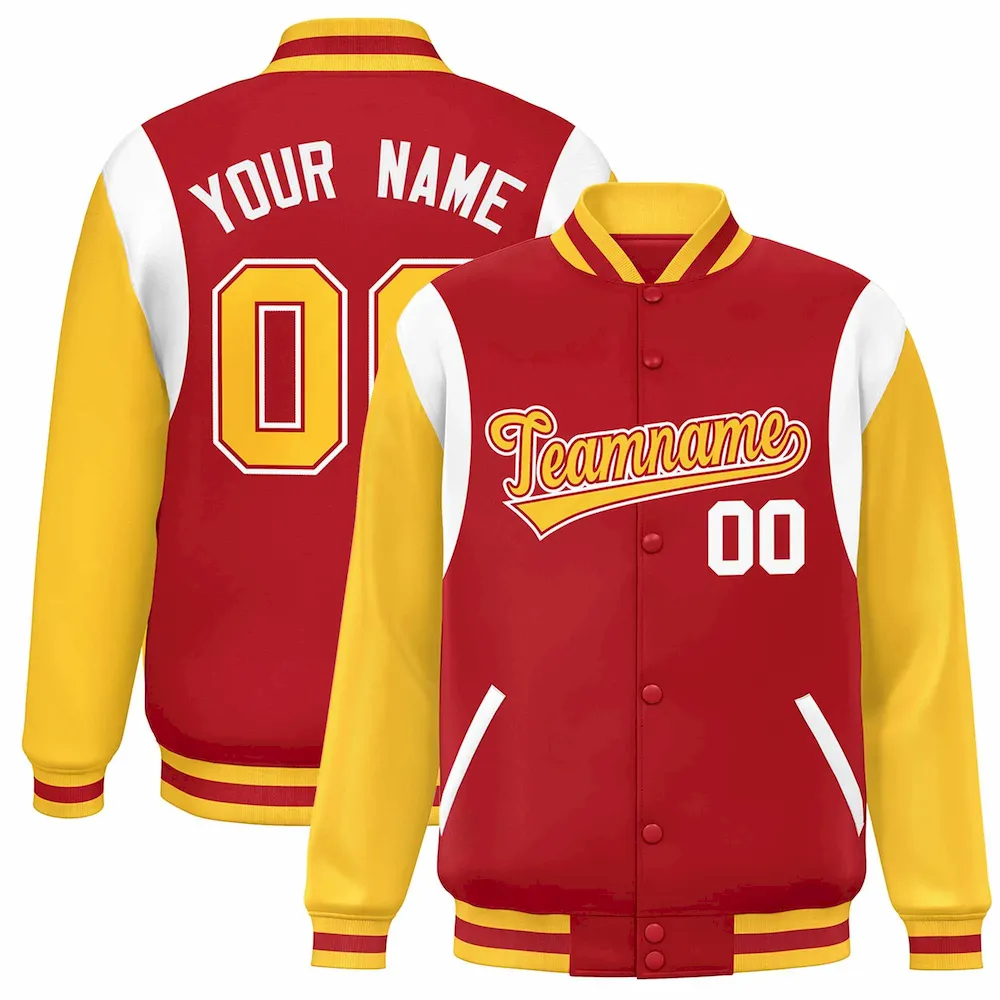 Custom Orange Yellow-Purple Color Block Bomber Varsity Full-Snap Baseball Jacket