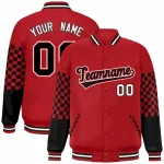 Custom Red Black-White Checkered Pattern Color Block Bomber Varsity Jacket