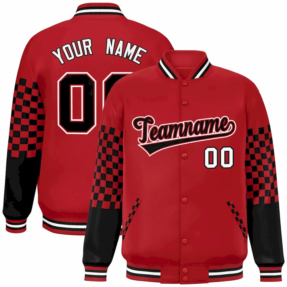 Custom Red Black-White Checkered Pattern Color Block Bomber Varsity Jacket