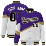 Custom Gray Purple-White Color Block Bomber Varsity Baseball Jacket