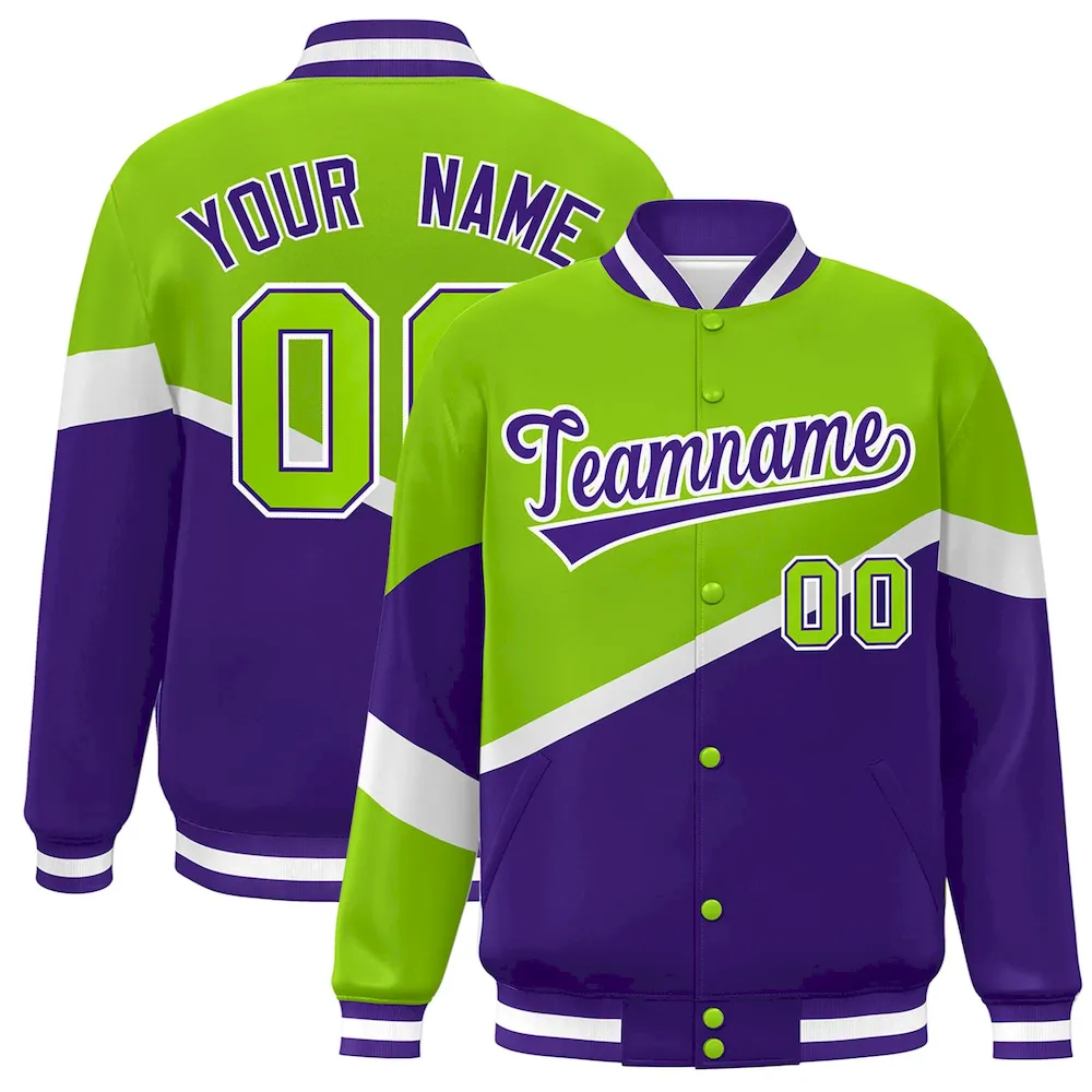 Custom Neon Green Purple-White Color Block Bomber Varsity Baseball Jacket