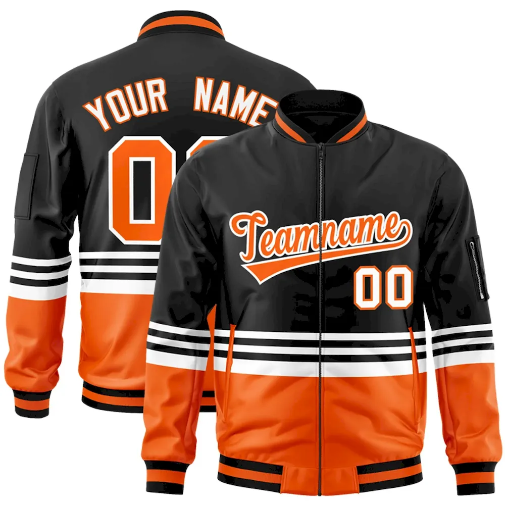 Custom Black Orange-White Varsity Full-Zip Color Block Letterman Bomber Jacket