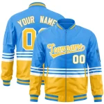 Custom Powder Blue Gold-White Varsity Full-Zip Color Block Letterman Bomber Jacket