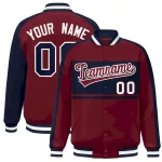 Custom Crimson Navy-White Color Block Bomber Varsity Baseball Jacket