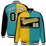 Custom Powder Blue Gold Navy-White Color Block Bomber Varsity Baseball Jacket