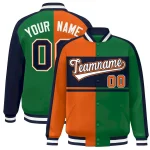 Custom Orange Green Navy-White Color Block Bomber Varsity Baseball Jacket
