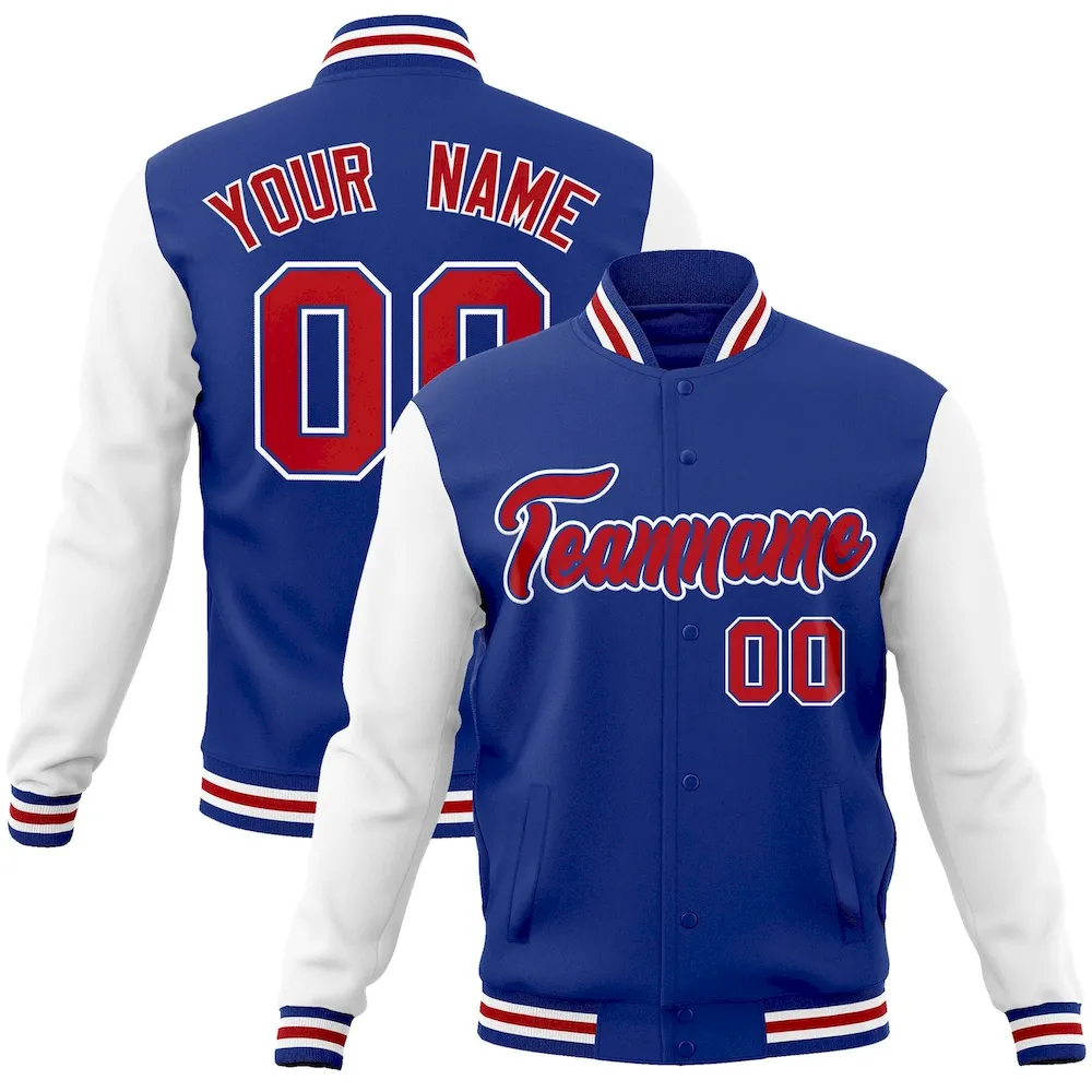 Custom Royal Red-Royal Raglan Sleeves Varsity Full-Snap Letterman Jacket