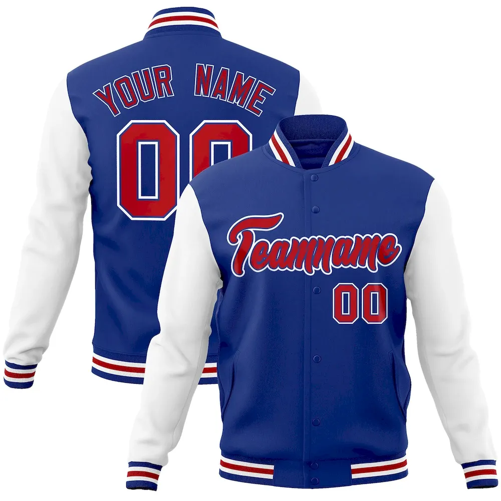 Custom Royal White-Royal Raglan Sleeves Varsity Full-Snap Letterman Jacket