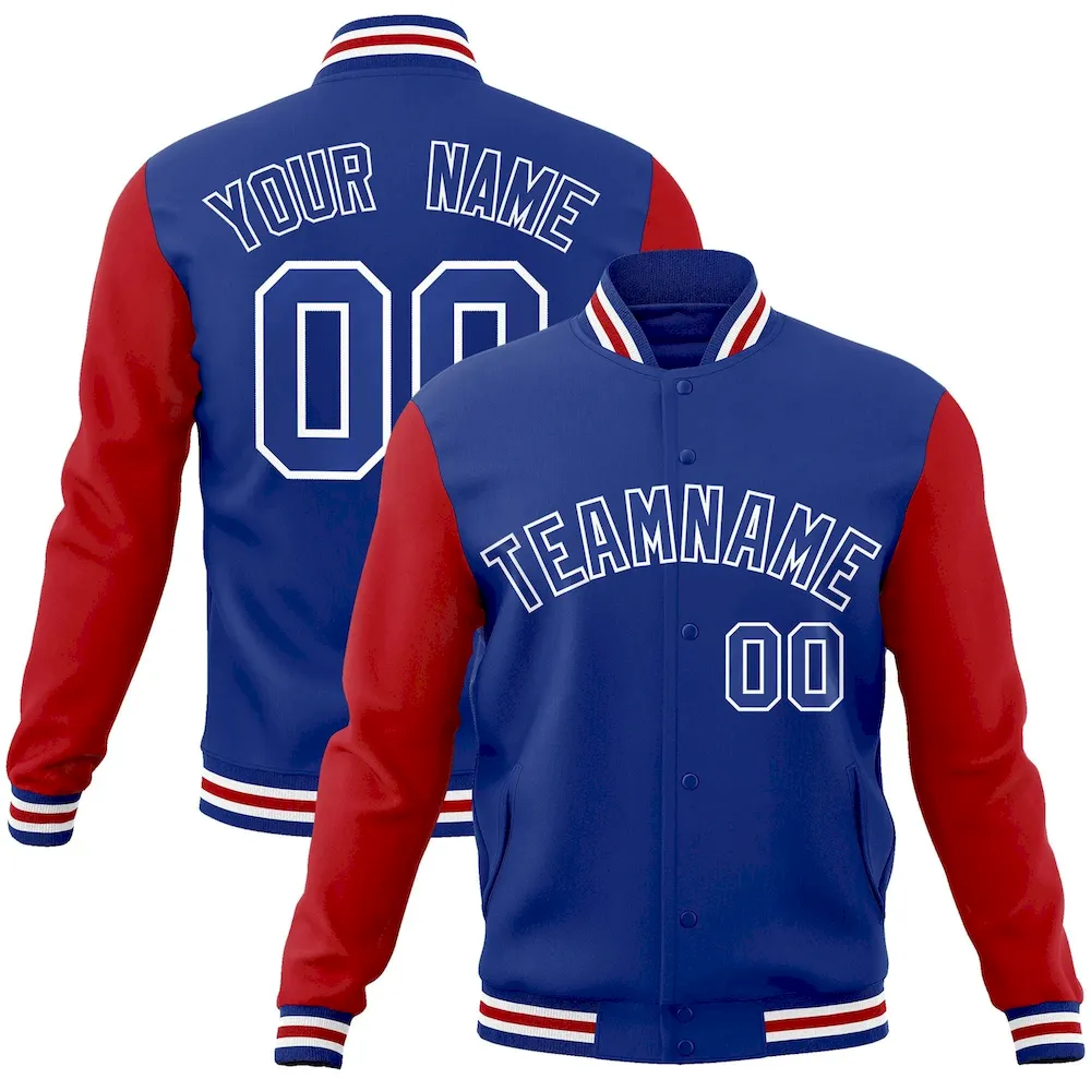 Custom Royal White-Royal Raglan Sleeves Varsity Full-Snap Letterman Jacket