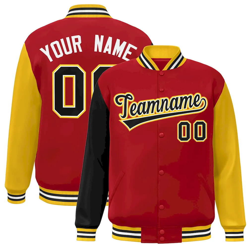 Custom Red Black-White Raglan Sleeves Varsity Full-Snap Letterman Jacket