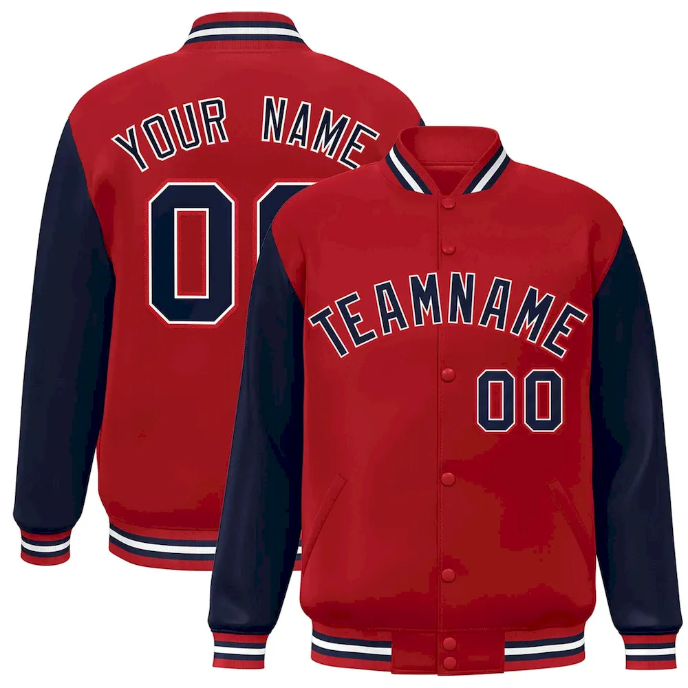 Custom Red White-Navy Raglan Sleeves Varsity Full-Snap Letterman Jacket