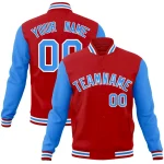 Custom Red Powder Blue-White Raglan Sleeves Varsity Full-Snap Letterman Jacket