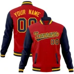 Custom Red Navy-Gold Raglan Sleeves Varsity Full-Snap Letterman Jacket
