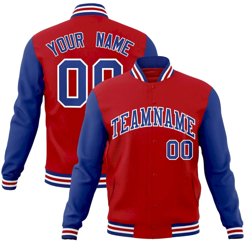Custom Red Royal-White Raglan Sleeves Varsity Full-Snap Letterman Jacket