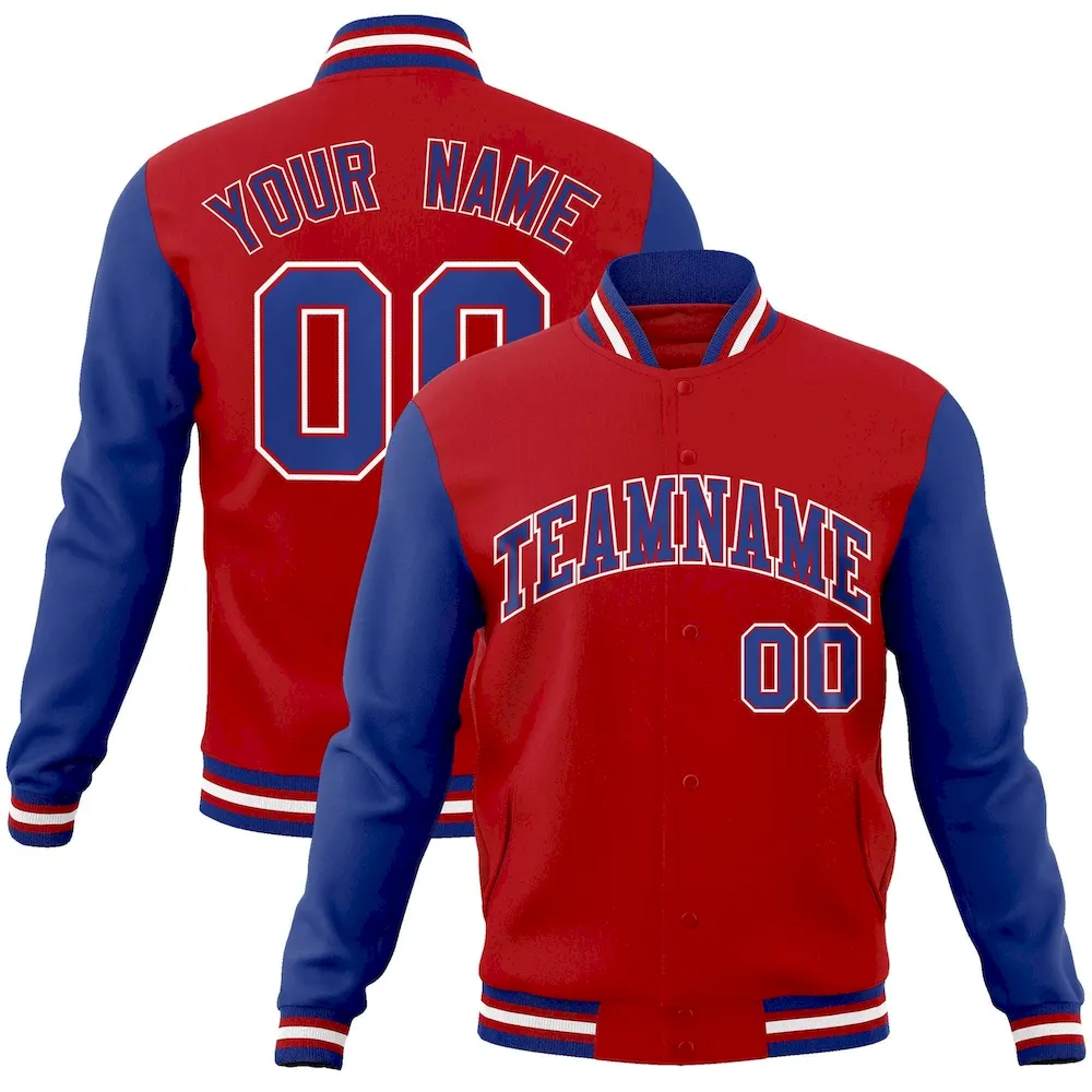 Custom Red Royal-Red Raglan Sleeves Varsity Full-Snap Letterman Jacket