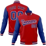 Custom Red Royal-Red Raglan Sleeves Varsity Full-Snap Letterman Jacket