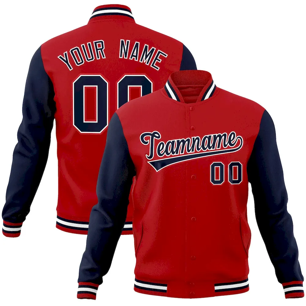 Custom Red Navy-White Raglan Sleeves Varsity Full-Snap Letterman Jacket