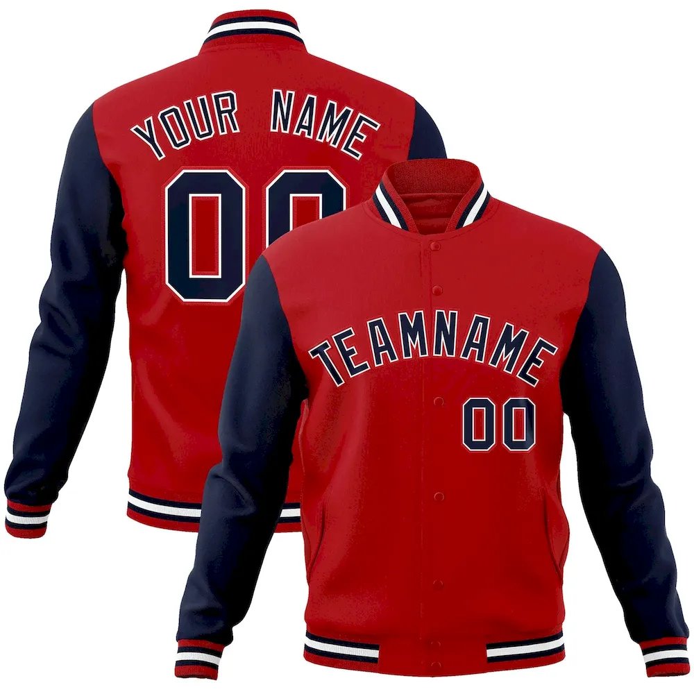 Custom Red White-Navy Raglan Sleeves Varsity Full-Snap Letterman Jacket