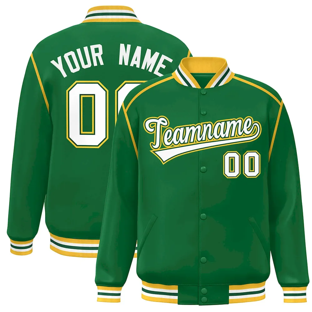 Custom Neon Green White-Navy Color Block Ribbon Varsity Full-Snap Bomber Jacket