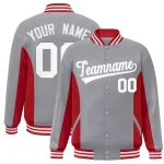 Custom Gray Red-White Varsity Full-Snap Color Block Letterman Baseball Jacket