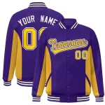 Custom Purple Gold Varsity Full-Snap Color Block Letterman Baseball Jacket