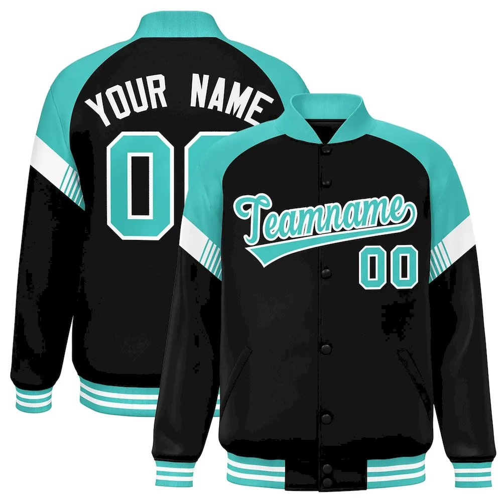 Custom Black Bright Green-White Varsity Full-Snap Color Block Letterman Jacket