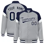 Custom Gray Royal-White Varsity Full-Snap Color Block Letterman Jacket