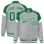 Custom Gray Green-White Varsity Full-Snap Color Block Letterman Jacket