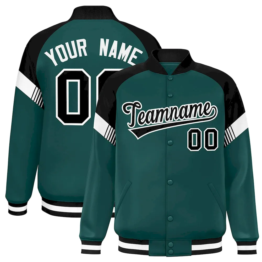 Custom Midnight Green Gold-White Varsity Full-Snap Color Block Letterman Jacket