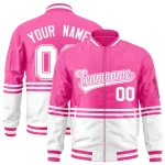 Custom Pink White-Pink Varsity Full-Zip Color Block Letterman Bomber Jacket