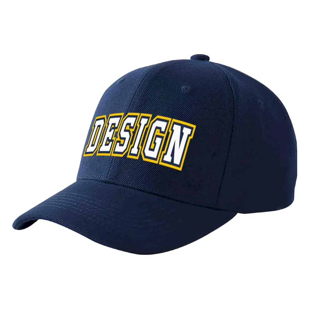 Custom Navy Gold-White Curved Eaves Sport Design Baseball Cap