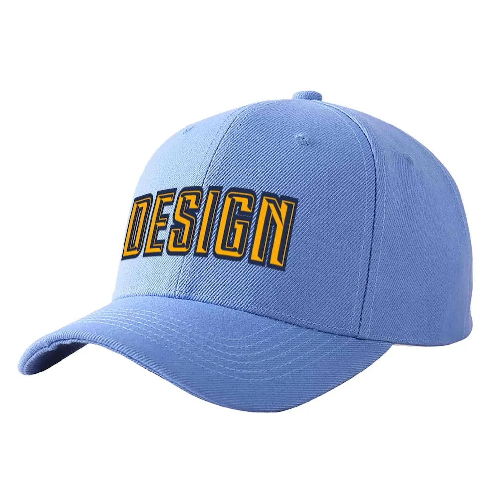 Custom Sky Blue Yellow-Navy Curved Eaves Sport Design Baseball Cap