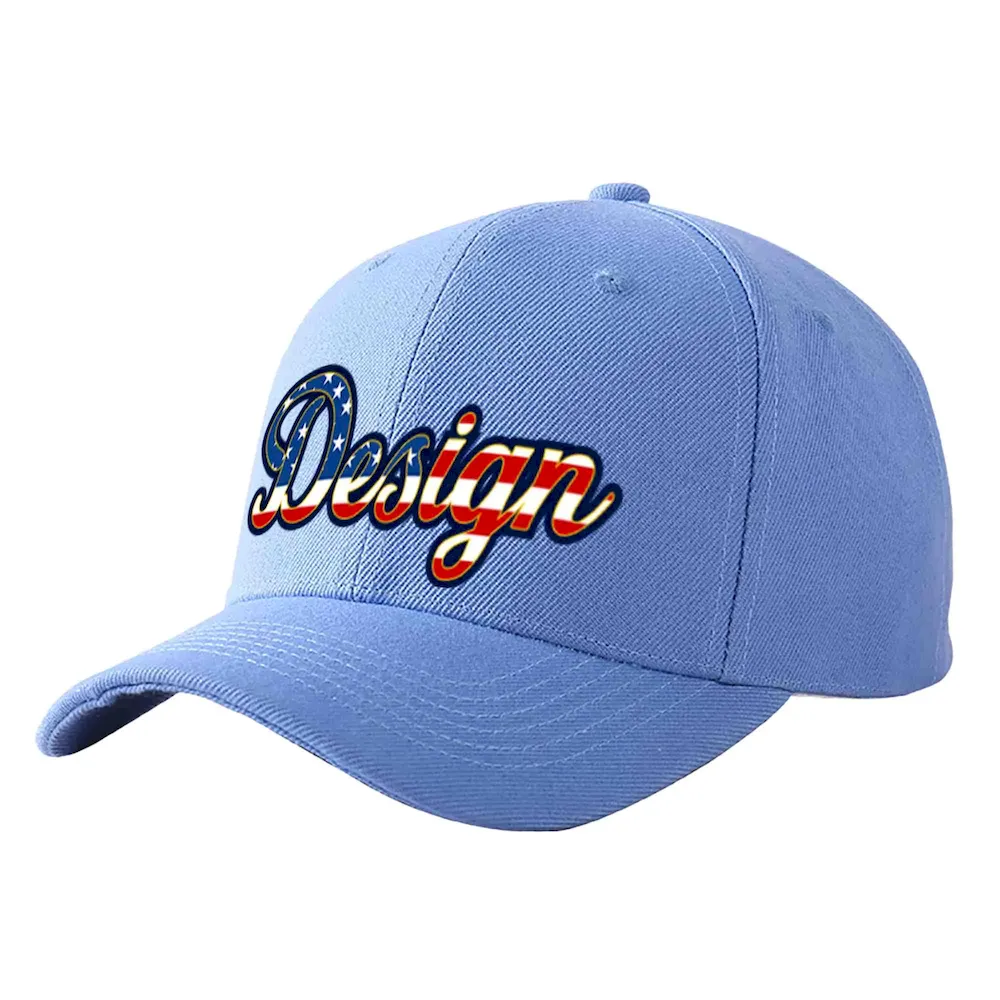 Custom Sky Blue Vintage USA Flag-Gold Curved Eaves Sport Design Baseball Cap