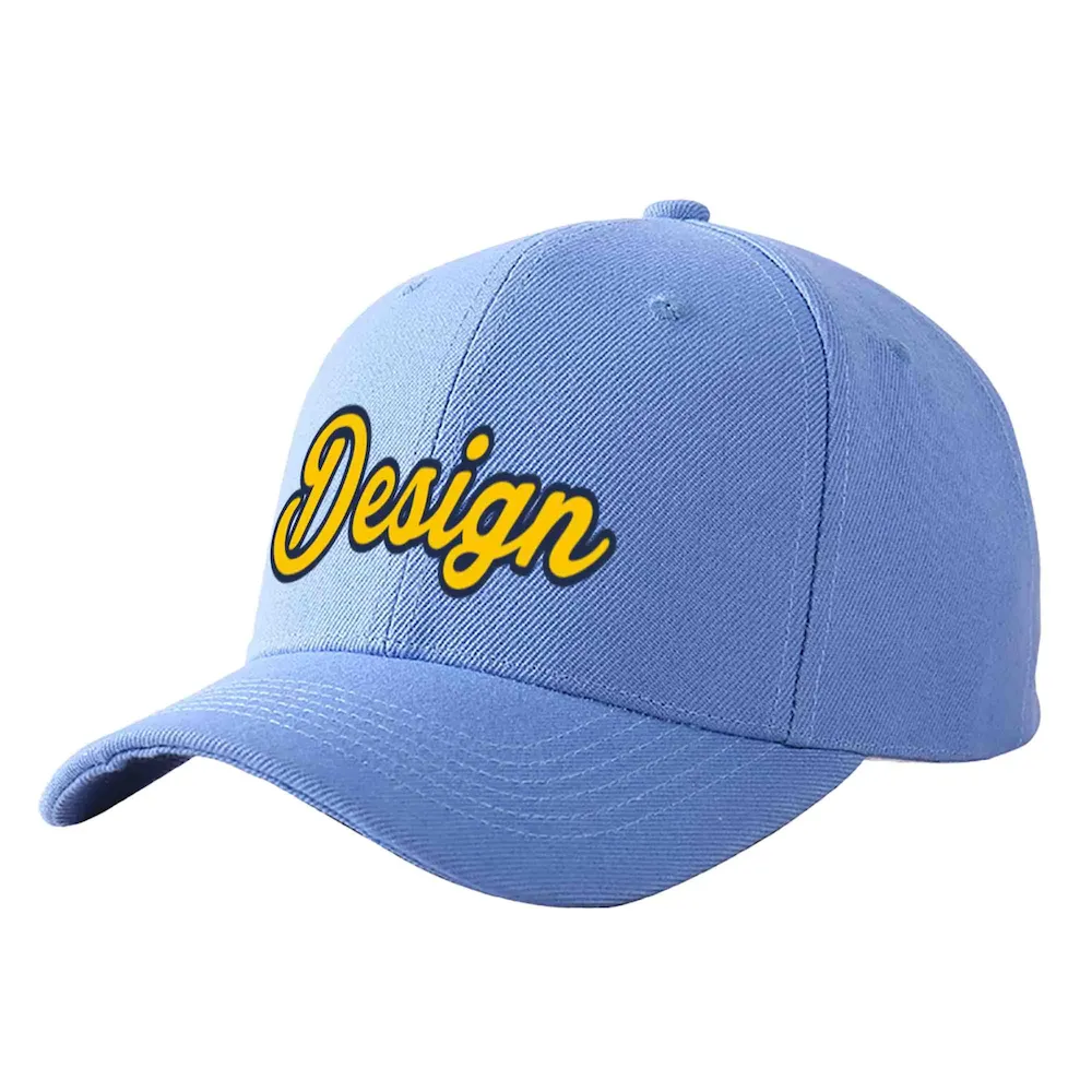 Custom Sky Blue Gold-Navy Curved Eaves Sport Design Baseball Cap