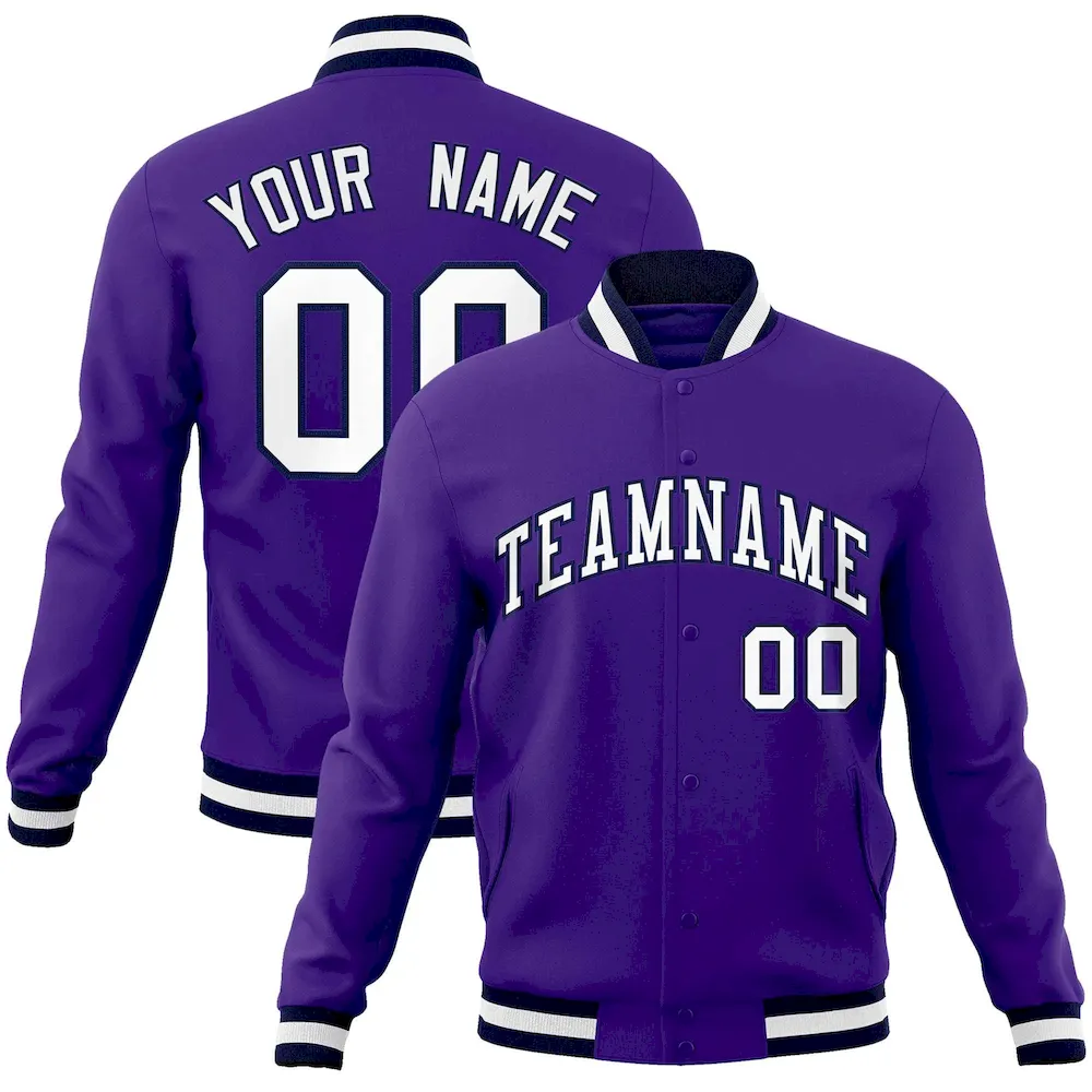 Custom Purple White-Navy Classic Style Varsity Full-Snap Letterman Jacket