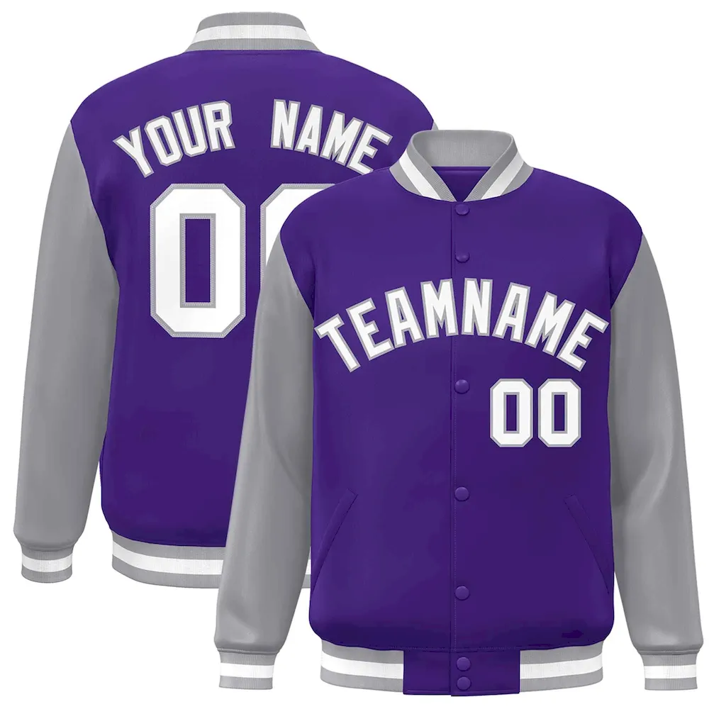 Custom Purple White-Gray Raglan Sleeves Varsity Full-Snap Letterman Jacket