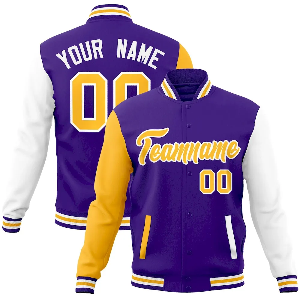Custom Purple White Raglan Sleeves Varsity Full-Snap Letterman Jacket