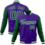 Custom Purple Green-White Raglan Sleeves Varsity Full-Snap Letterman Jacket