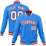 Custom Powder Blue Red-Navy Classic Style Varsity Full-Snap Letterman Jacket