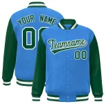 Custom Powder Blue Navy-White Raglan Sleeves Varsity Full-Snap Letterman Jacket