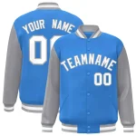 Custom Powder Blue White-Gray Raglan Sleeves Varsity Full-Snap Letterman Jacket