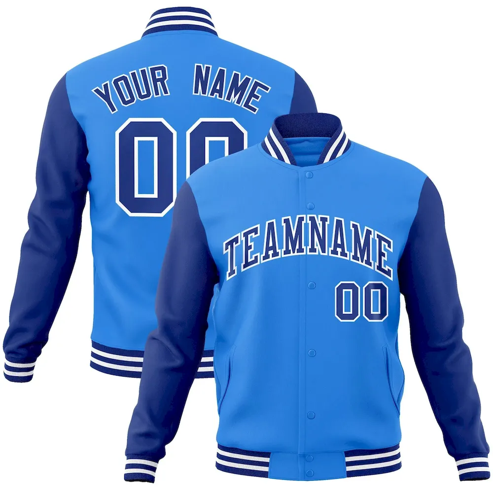 Custom Powder Blue Black-White Raglan Sleeves Varsity Full-Snap Letterman Jacket