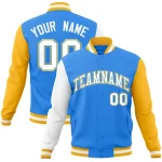 Custom Powder Blue Royal-White Raglan Sleeves Varsity Full-Snap Letterman Jacket