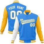 Custom Powder Blue Royal-White Raglan Sleeves Varsity Full-Snap Letterman Jacket