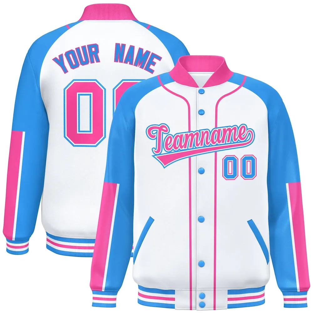 Custom White Powder Blue-Orange Raglan Sleeves Varsity Full-Snap Letterman Baseball Jacket