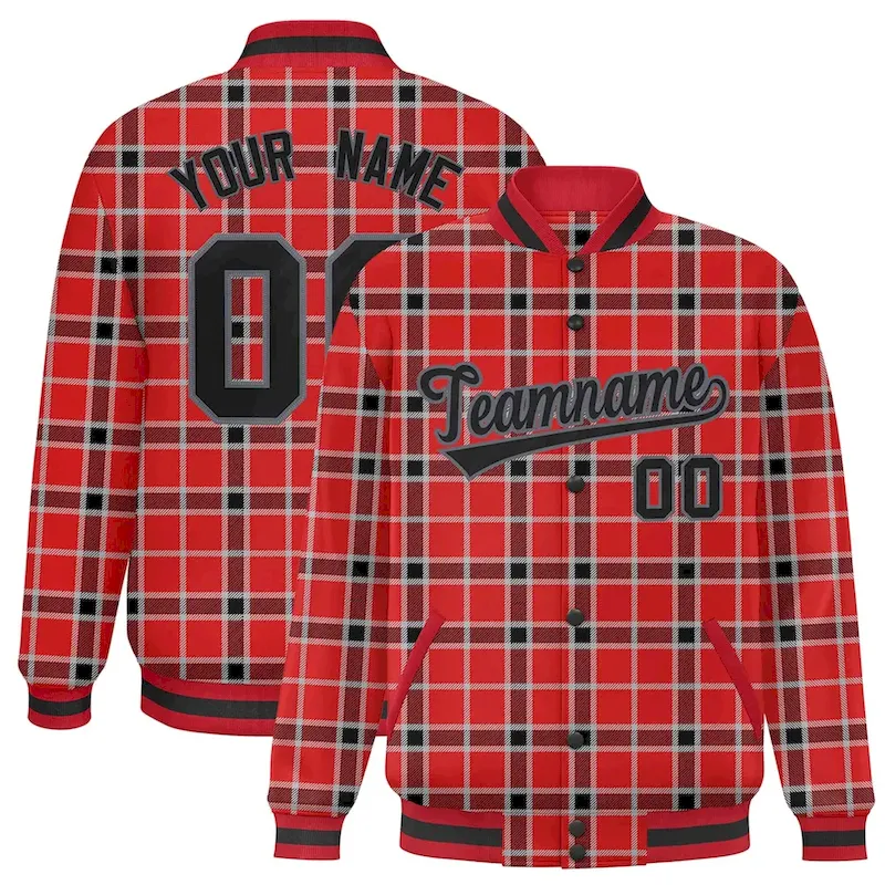Custom Red Varsity Full-Snap Plaid Pattern Letterman Baseball Jacket