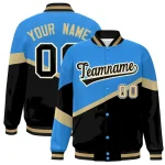 Custom Powder Blue Black-Khaki Color Block Bomber Varsity Baseball Jacket